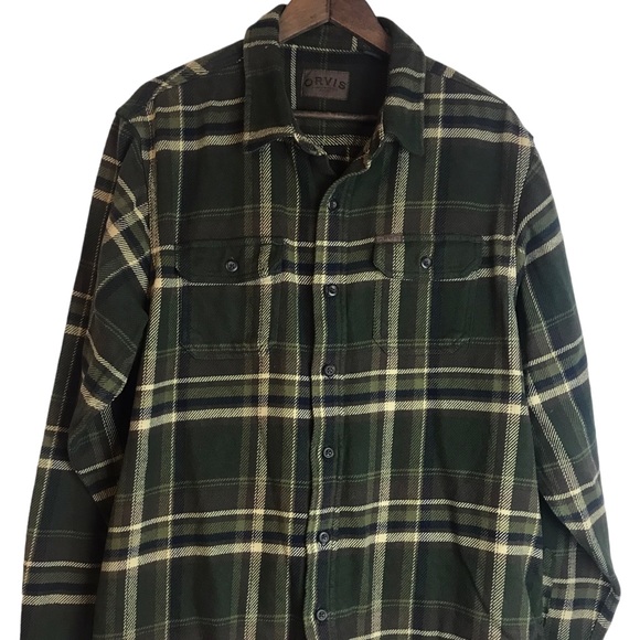Orvis Mens Flannel Shirt Size XL Big Bear Heavyweight Green Plaid Brawny EUC - Picture 1 of 8